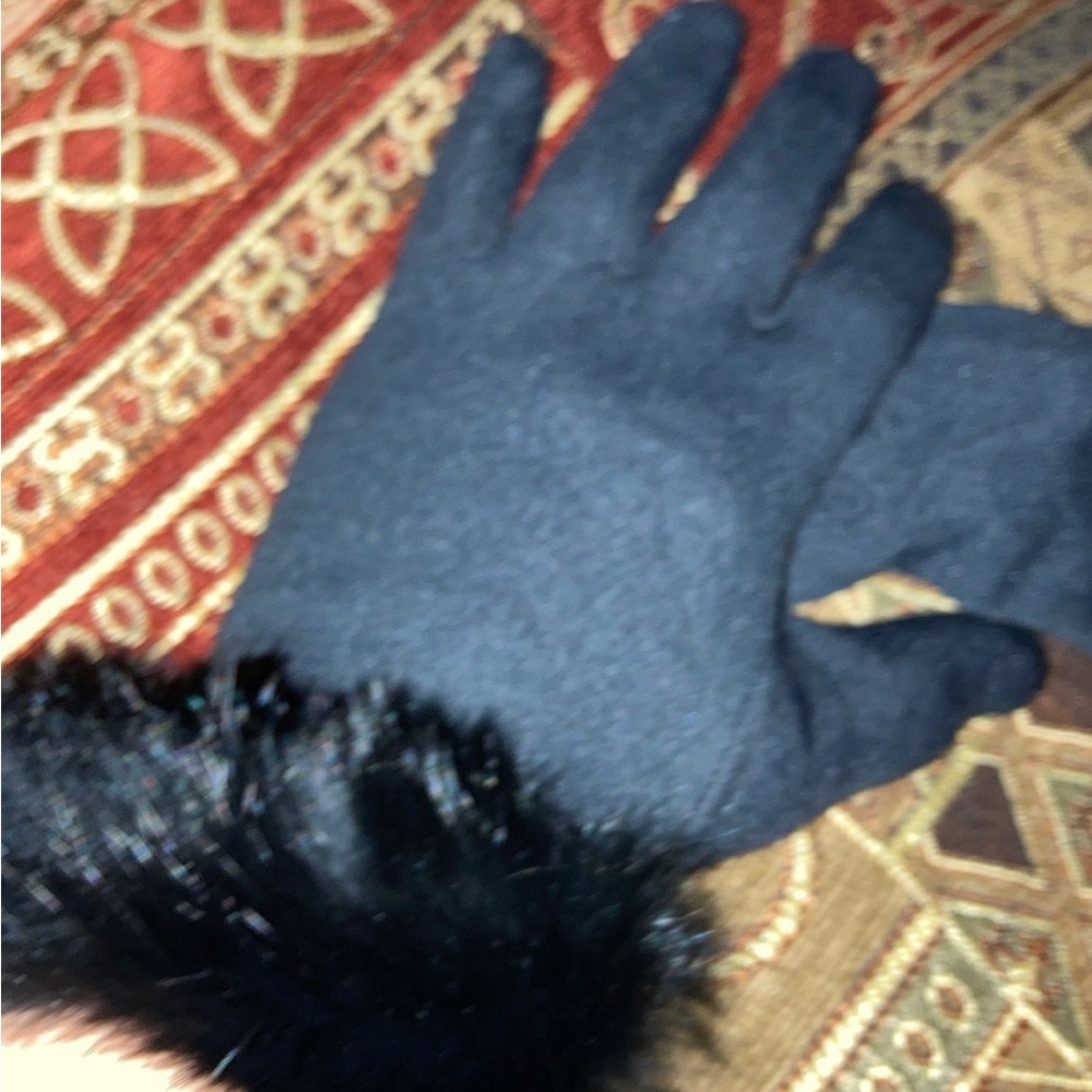 Black rabbit  Fur Trim Gloves black s-m